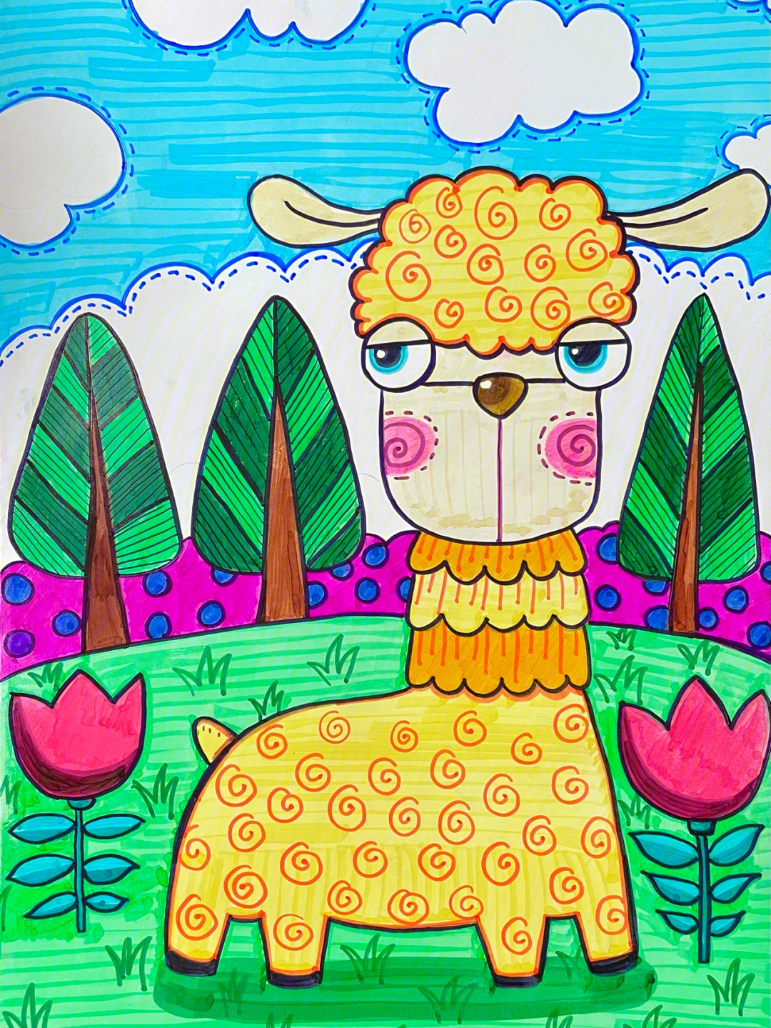 五岁77儿童画可爱的羊驼水彩笔画