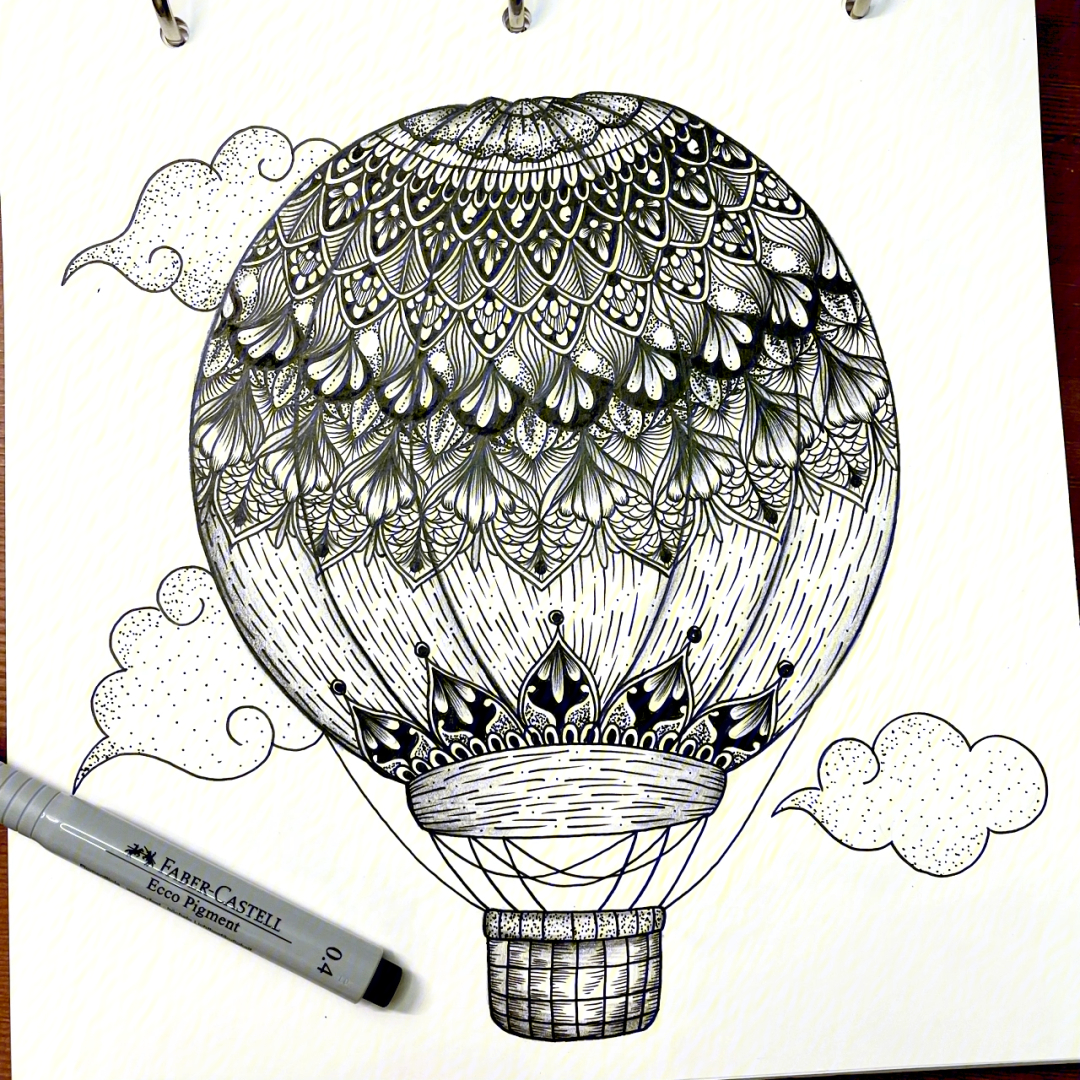 热气球线描画黑白图片