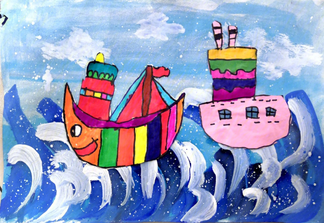 儿童画轮船08海浪