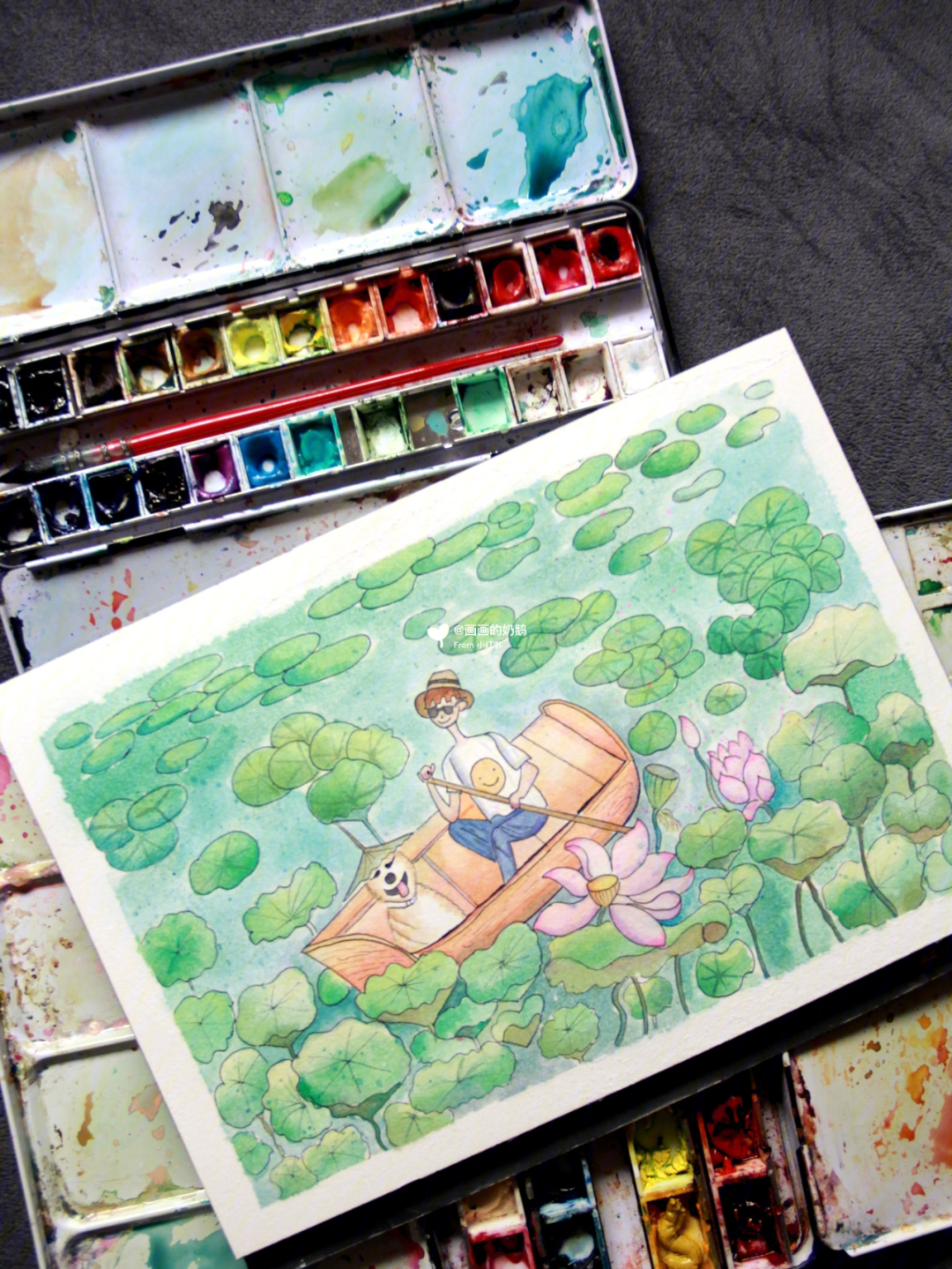 钢笔淡彩夏日的荷塘画画过程