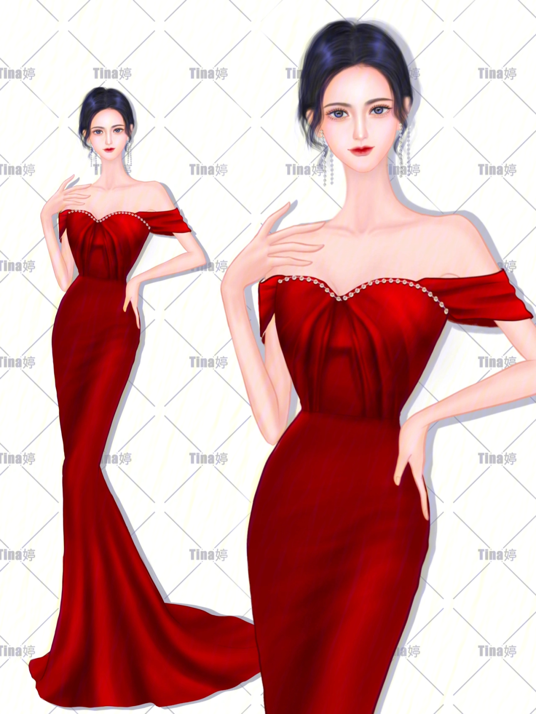 红色晚礼服手绘主持人 歌手宴会 礼服ps电脑服装效果图procreate手绘