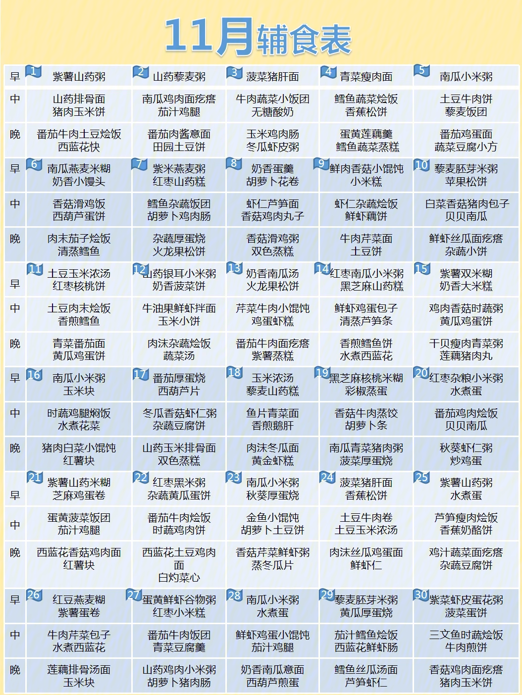 11月宝宝辅食表辅食做法作息表