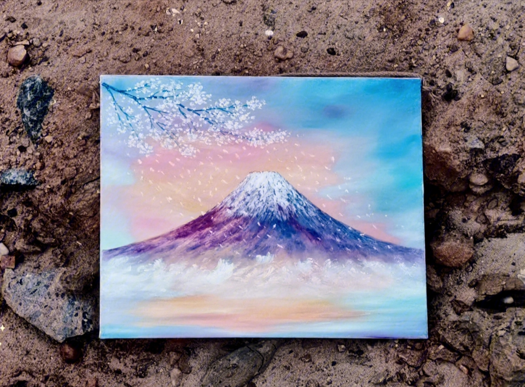 油画富士山待到樱花漫天飞舞时