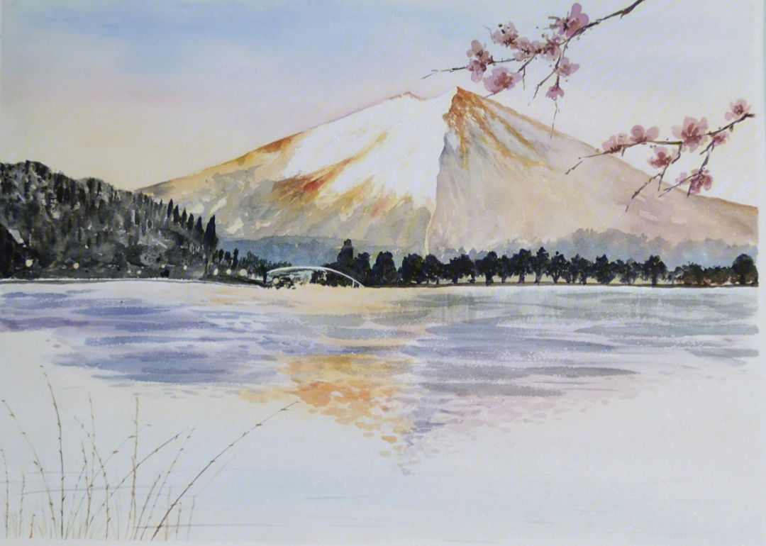 临摹水彩富士山附上色过程