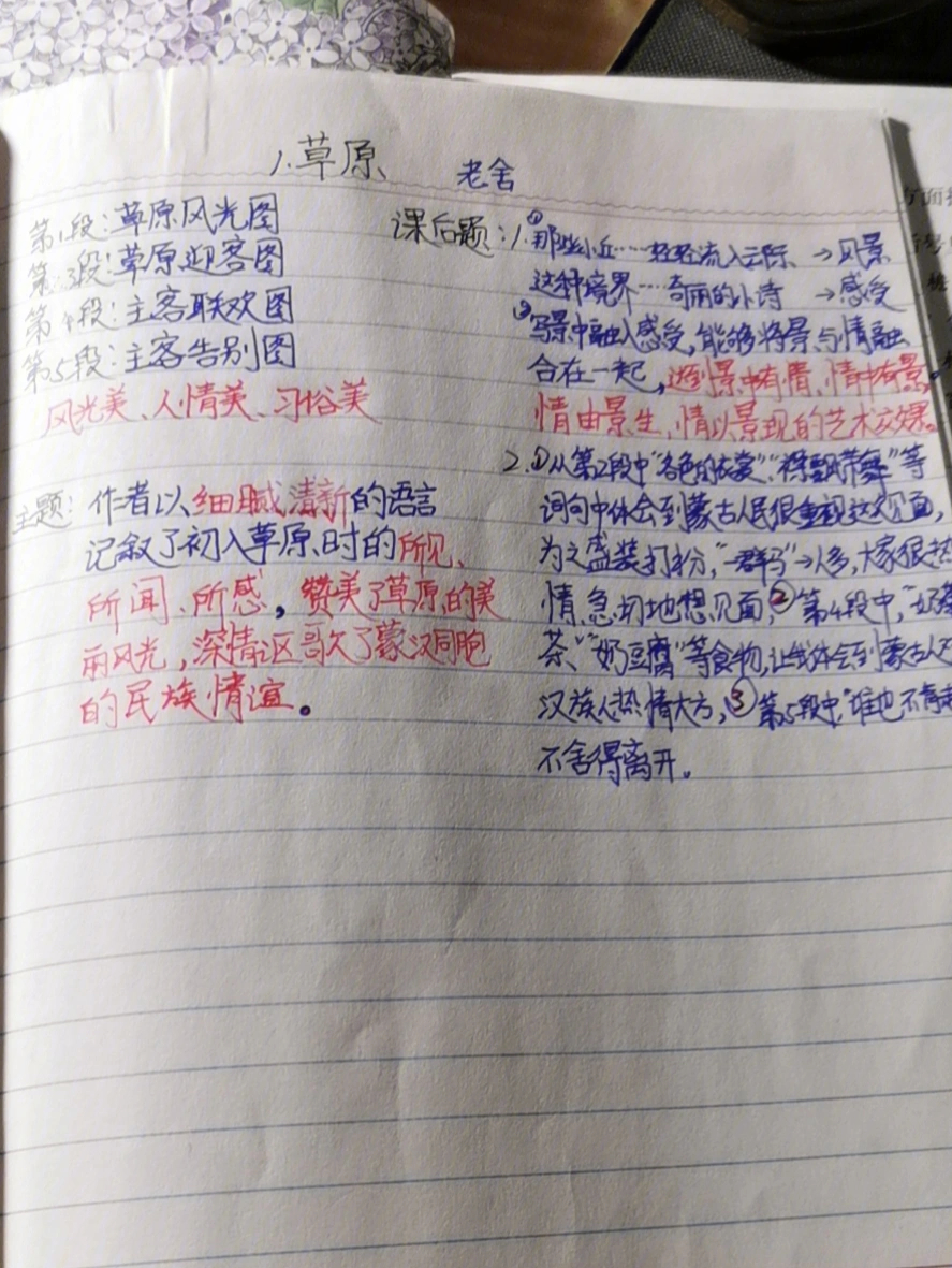 这些是我参照教参上写的内容和思考出来的笔记,没有生字词汇总,只有