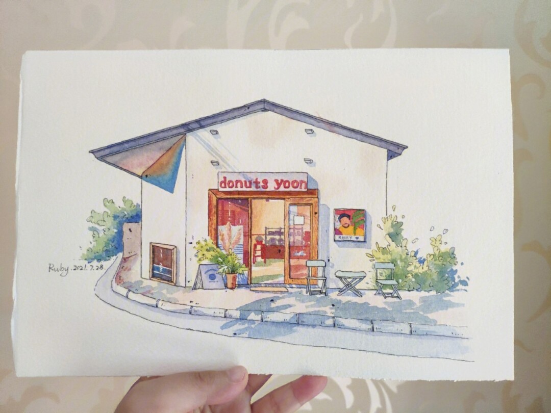 钢笔淡彩街屋donutsyoon