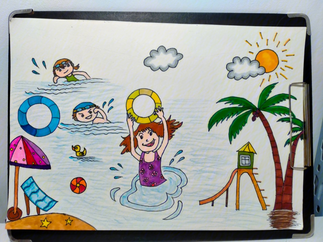 夏天游泳六岁儿童马克笔创意线描原创画