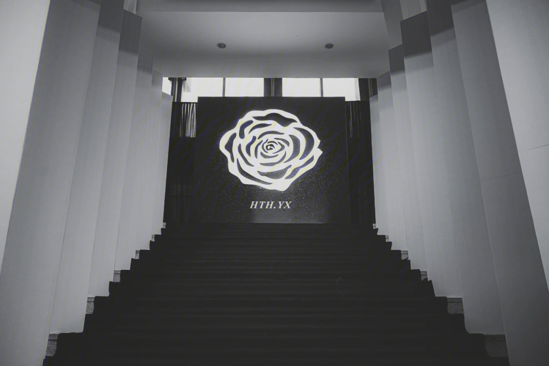 黑色地毯 银灰色kt褶皱板设计一款玫瑰花 黑底喷绘将所有能看到的楼道