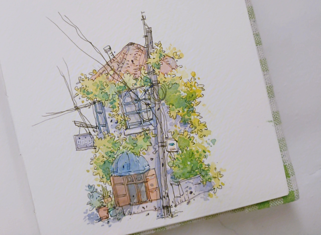 钢笔淡彩被绿植包围的房子过程步骤