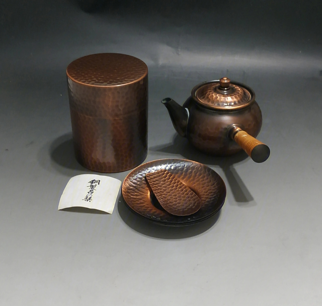 日本茶道具铜制茶器揃套装8件茶叶罐茶壶