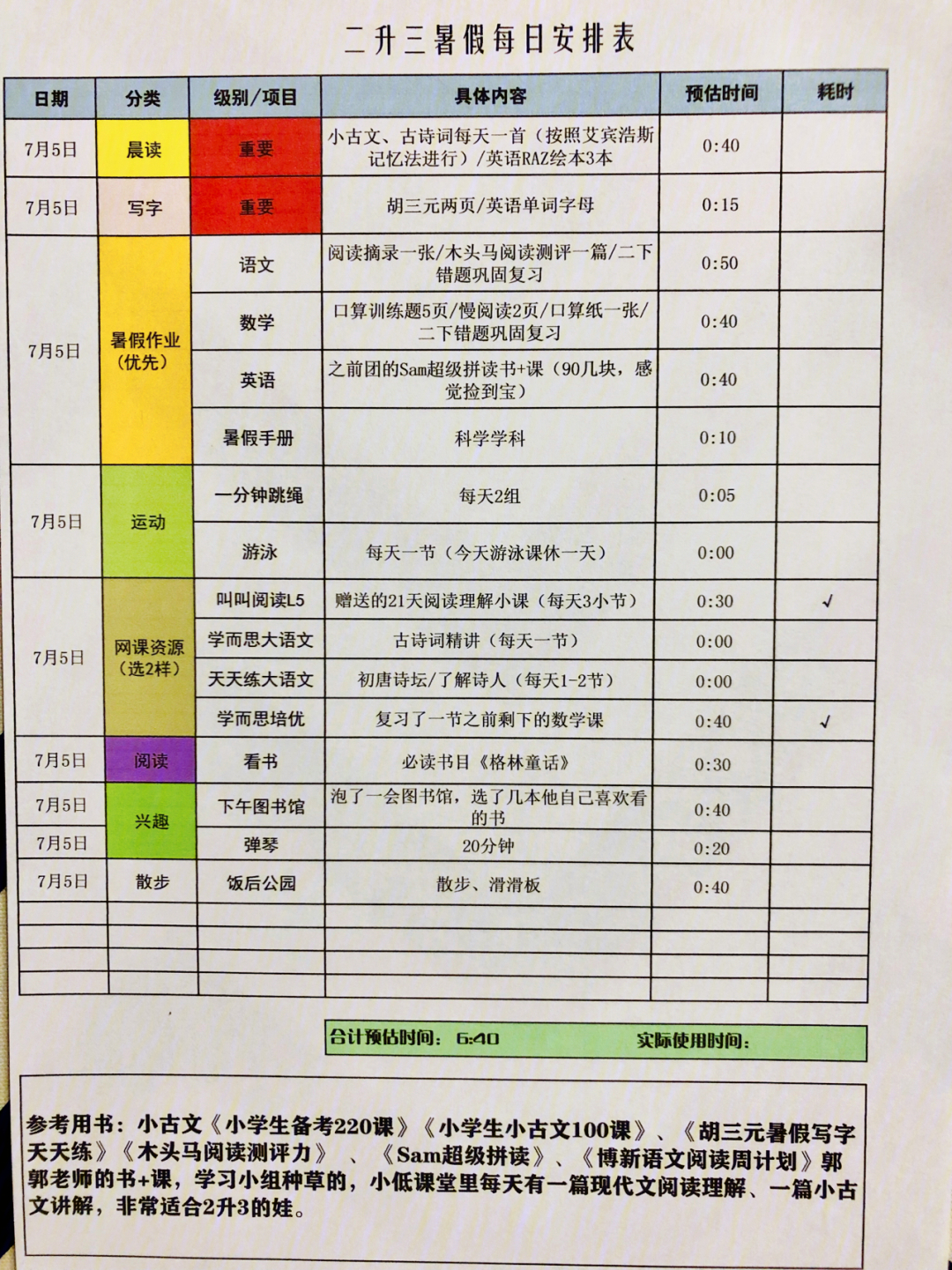 小学生二升三暑假学习计划表自律打卡day2