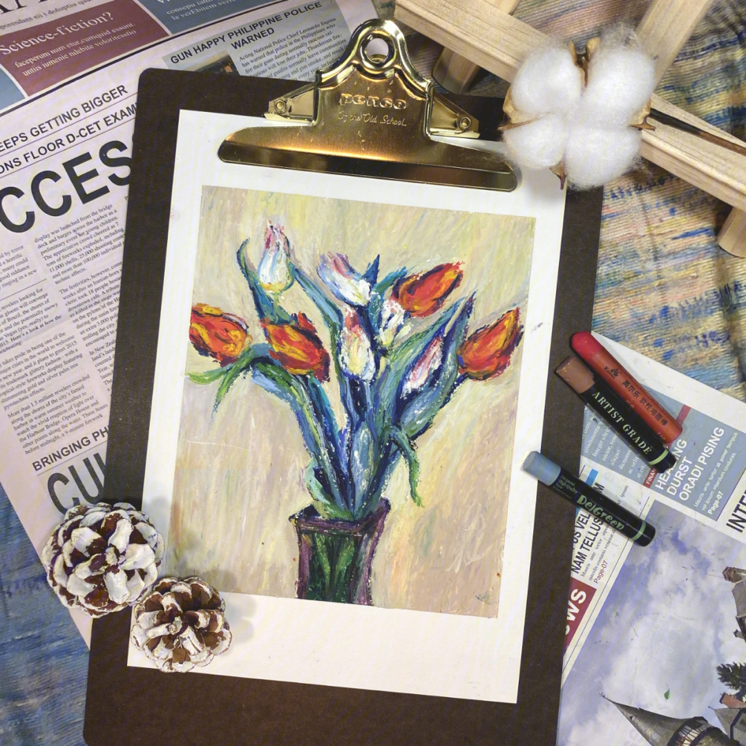 油画棒丨莫奈的郁金香花瓶77过程图