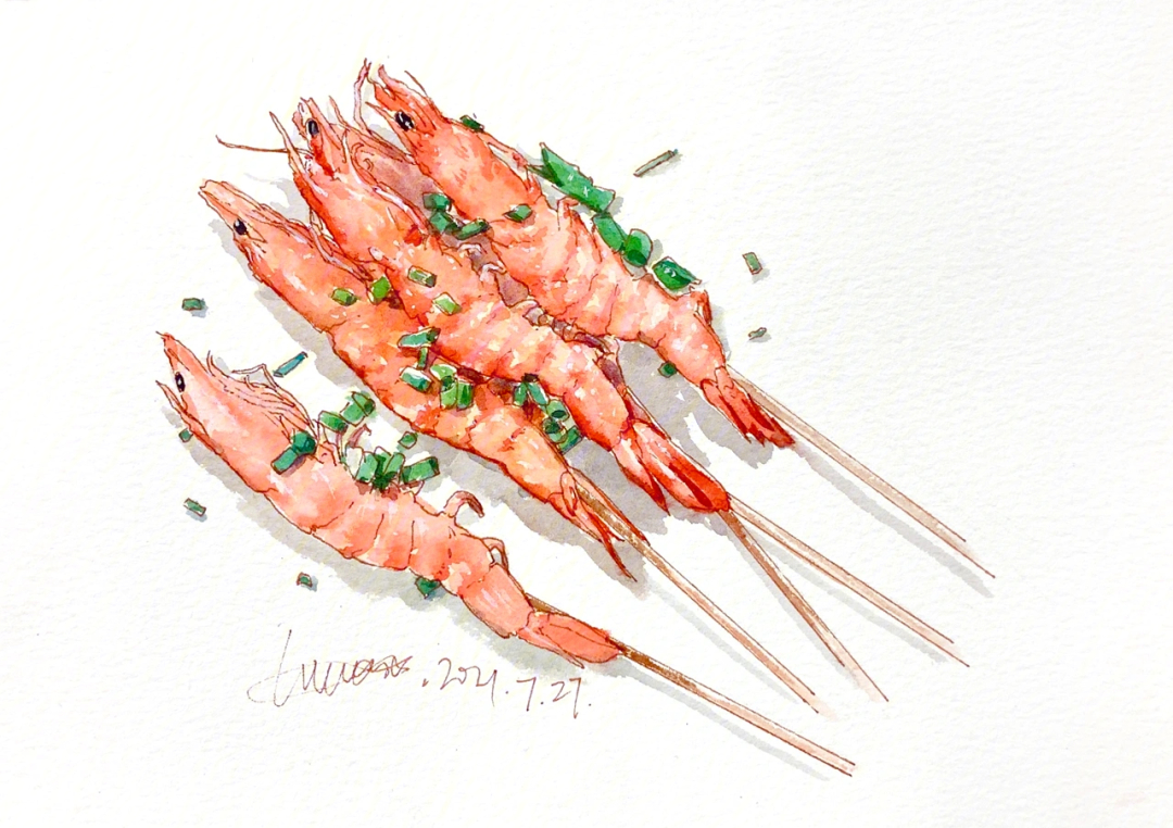 水彩美食夏天撸烤串少不了虾带教程步骤