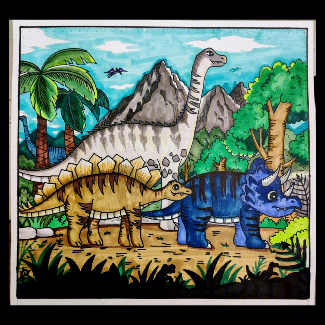 儿童画创意画恐龙世界终于画好啦
