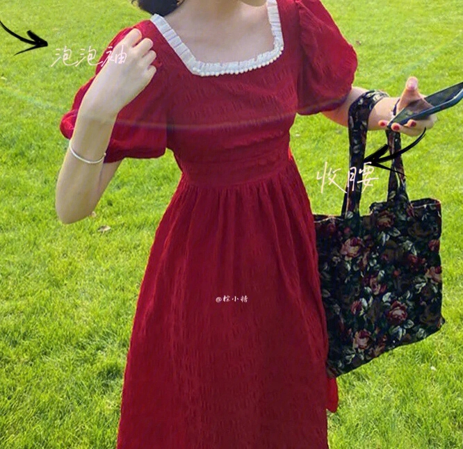小糖家裙子复古红色短袖方领显瘦收腰连衣裙