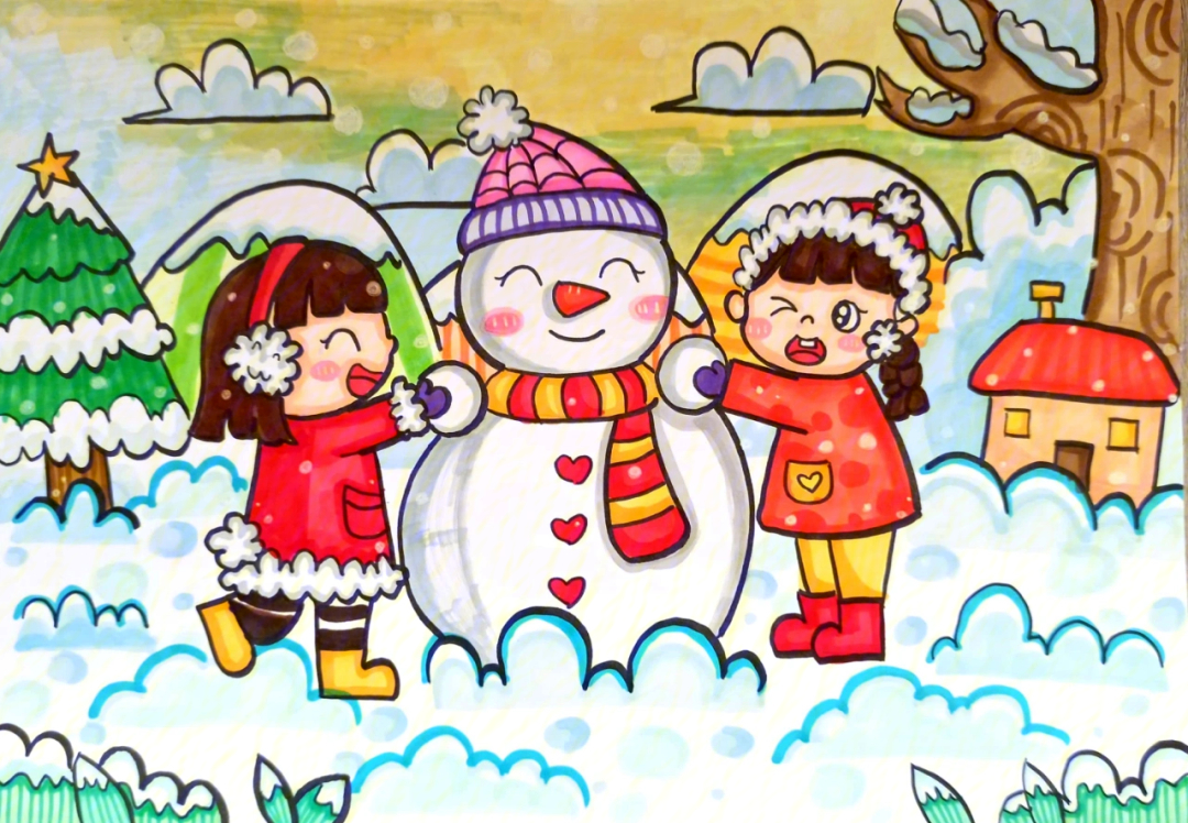 马克笔主题儿童画冬天下雪天主题