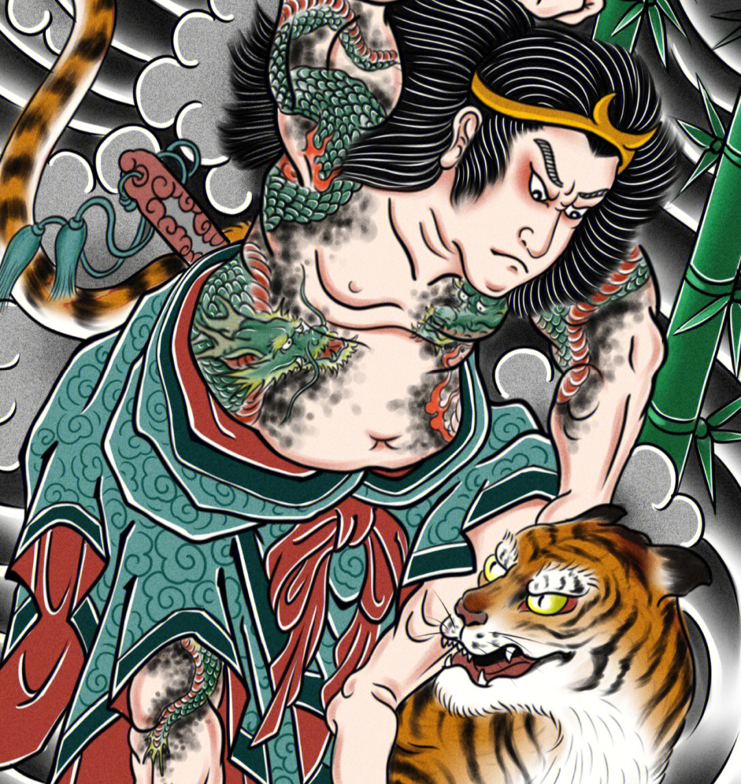 日式纹身武松打虎图片
