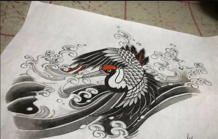 半甲纹身手稿仙鹤图片