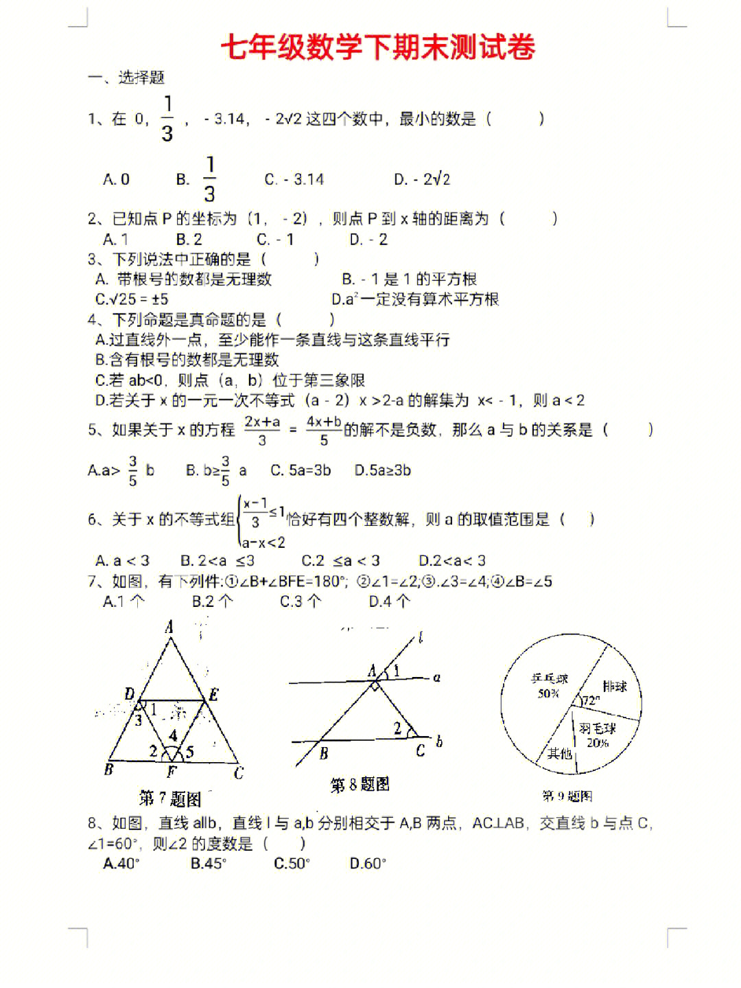 七年级数学下册期末测试卷(人教版#初中数学#知识点总结