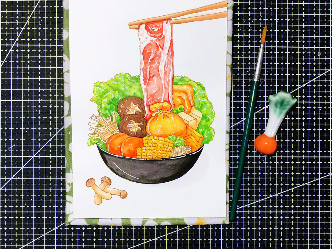 水彩画钢笔淡彩美食07牛肉寿喜锅