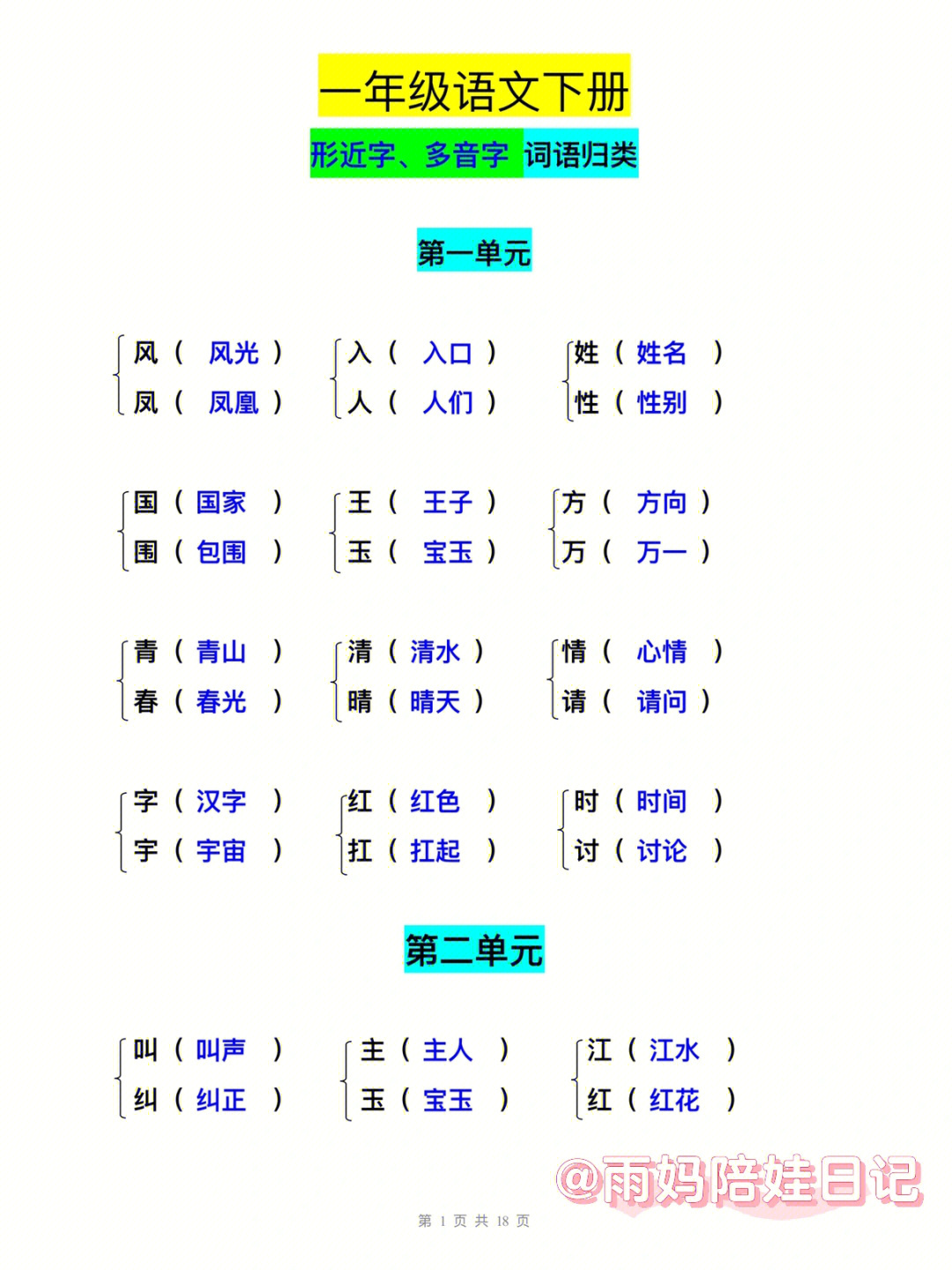 一年级语文下册73形近字多音字词语归类