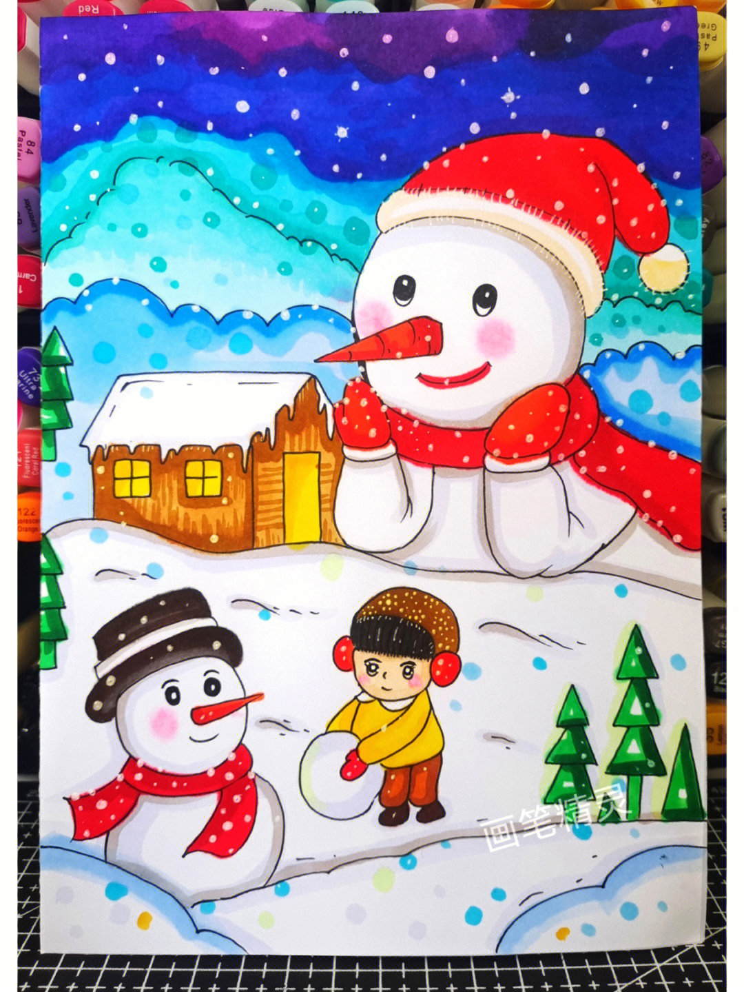 冬天主题画雪景画雪人画