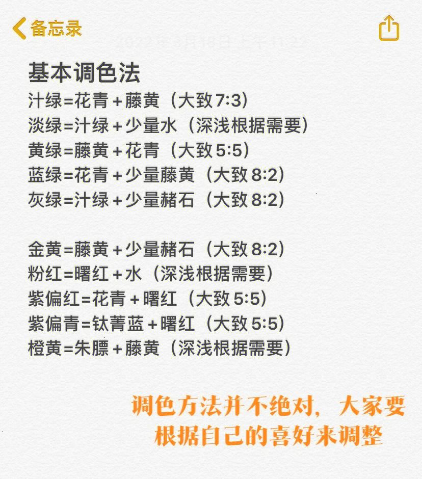 提供一些我常用的调色方法,这些只是传统国画的基本颜色,比较有限