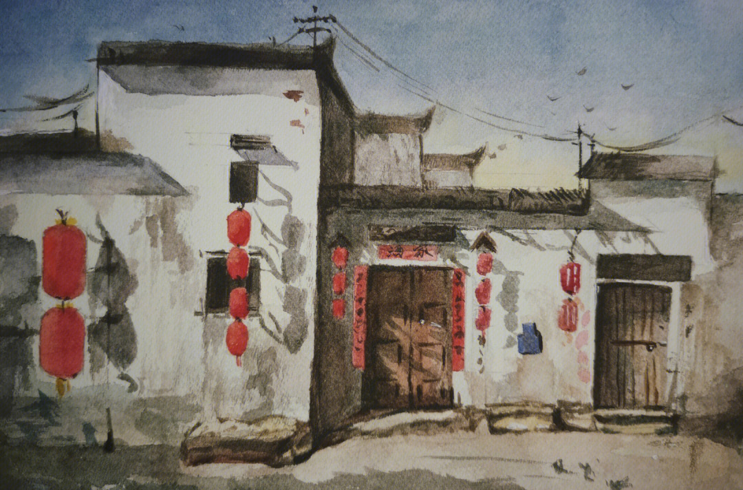 中式建筑水粉画图片