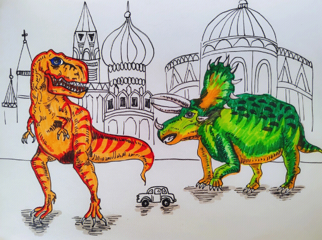 我和恐龙朋友科幻绘画图片