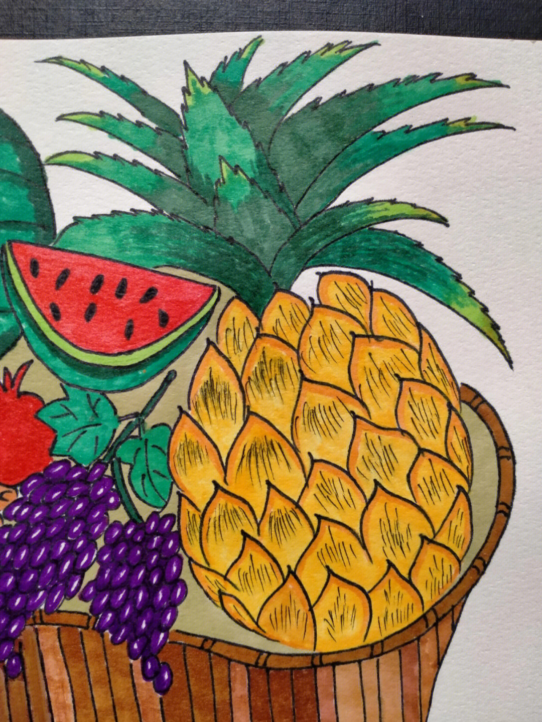 菠萝西瓜香蕉水果篮马克笔简笔画儿童画