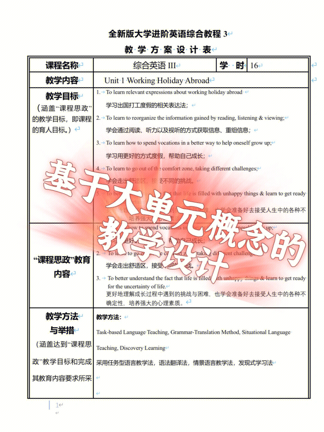 融入了思政元素的大学精读课整单元教学设计