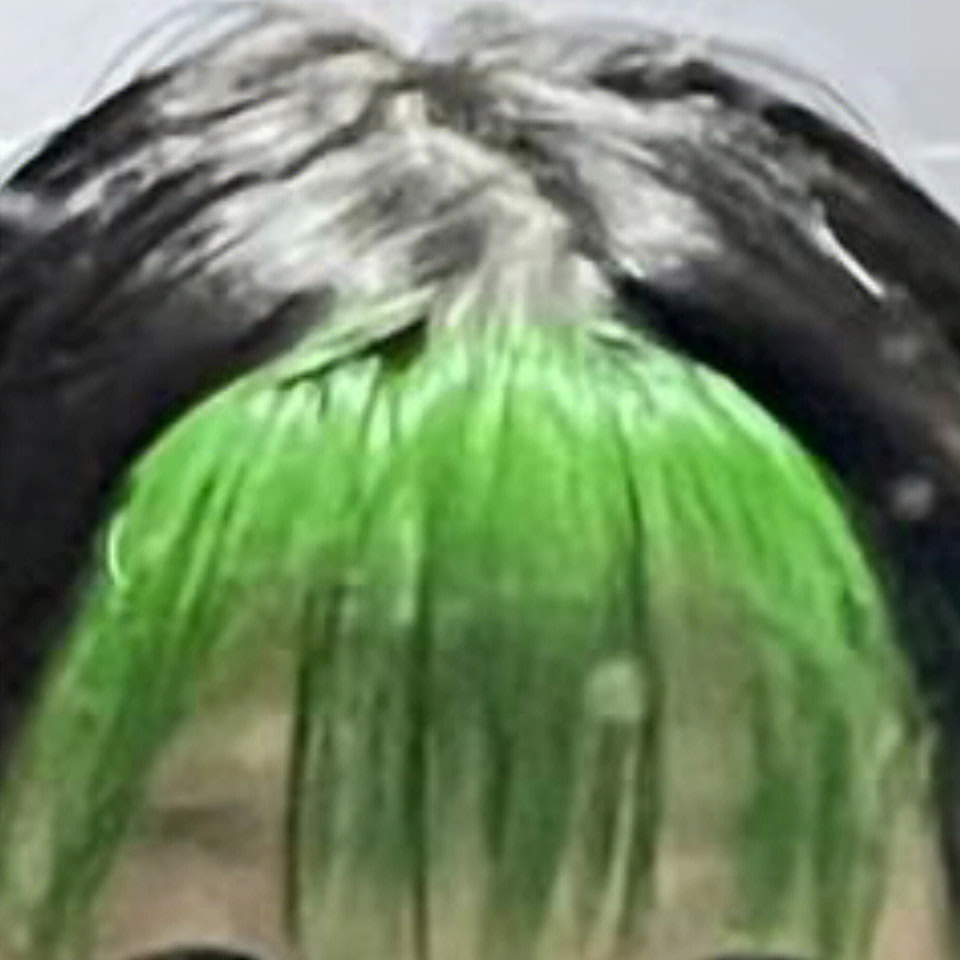 头漂完的发底色太淡,然后上绿色染膏以后非常高饱和荧光,(本来是打算
