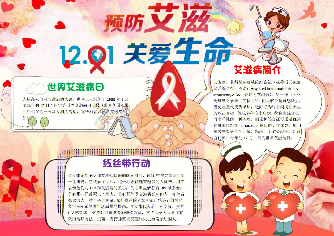 红丝带行动,世界预防艾滋病宣传日电子小报模板手抄报模板