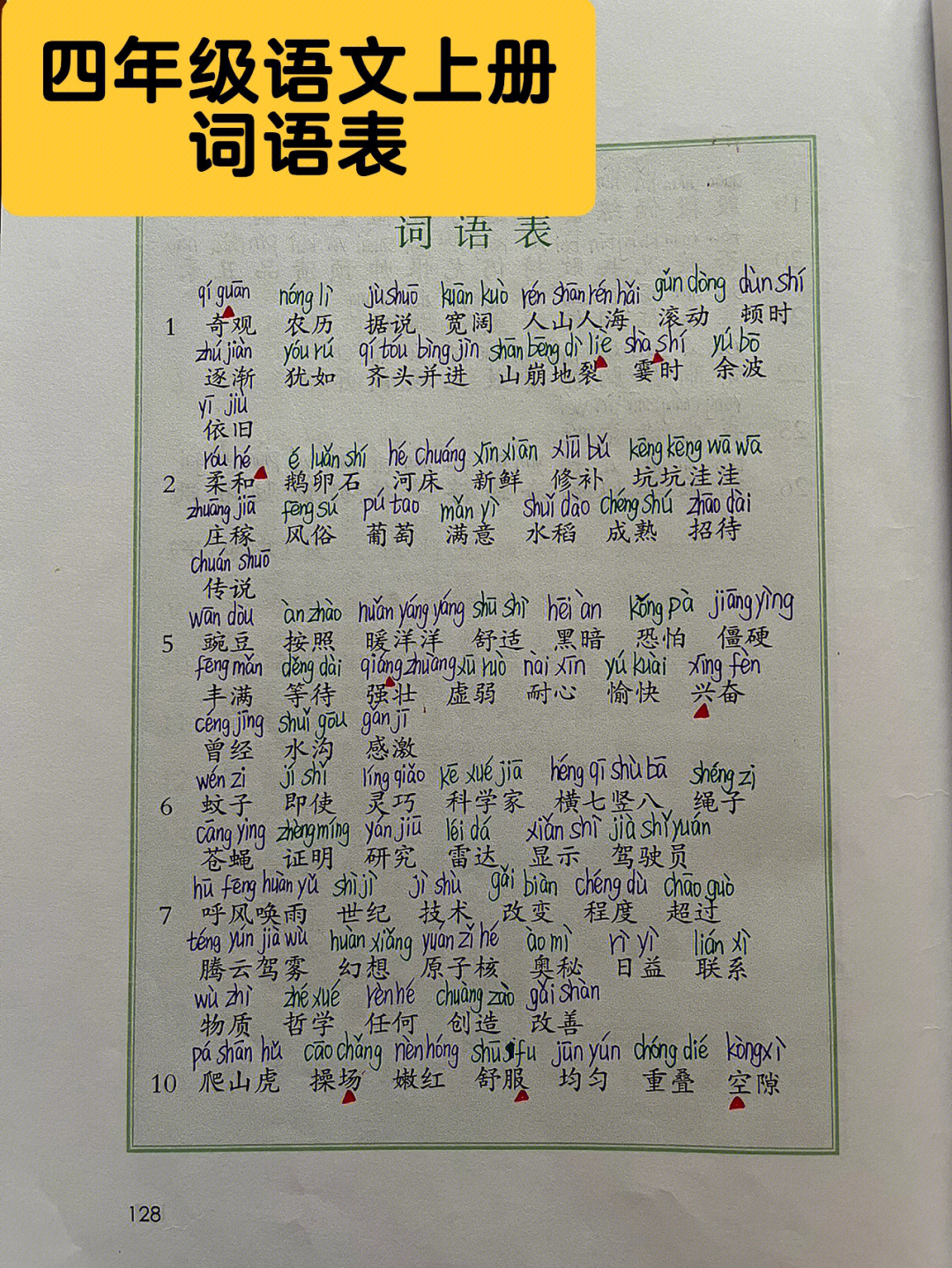 四年级语文上册词语表带拼音