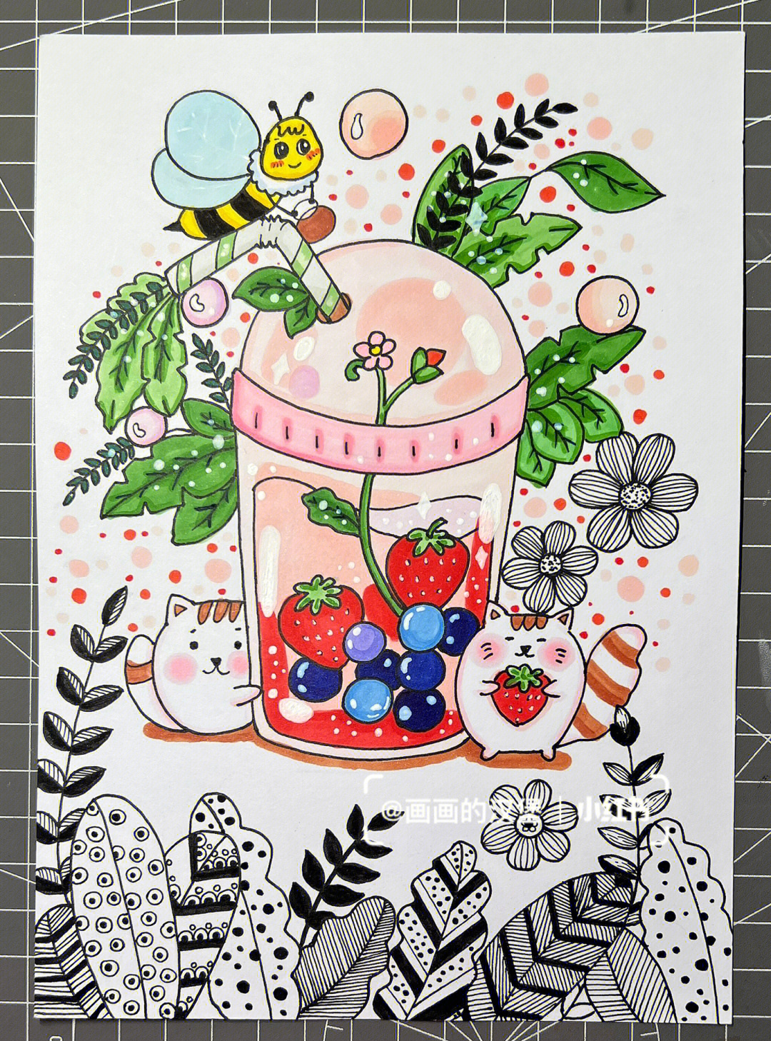 马克笔创意线描草莓葡萄奶茶