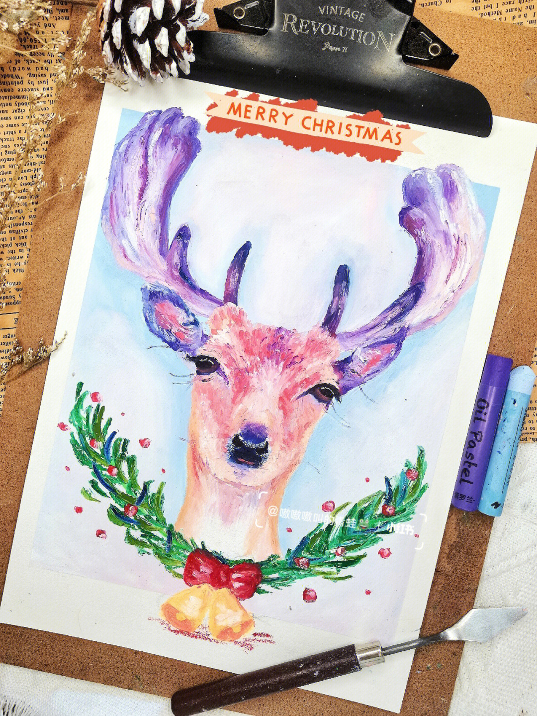 油画棒圣诞的麋鹿附线稿详细过程色号