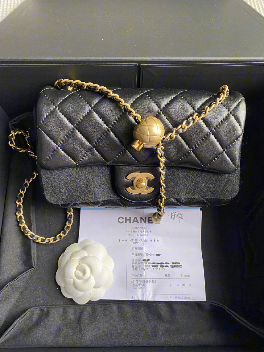 chanel金球大mini黑金羊皮芯片款全新4