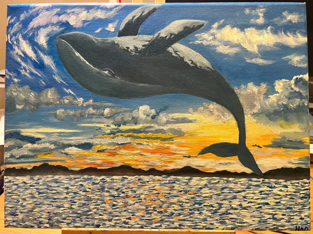 油画飞跃的鲸鱼
