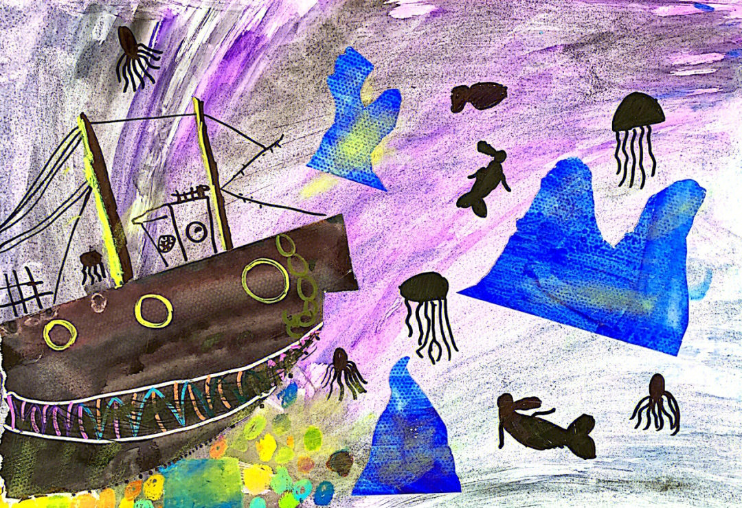 肌理纸,油画棒,水彩颜料,色粉笔,勾线笔内容:本节课通过介绍海底沉船