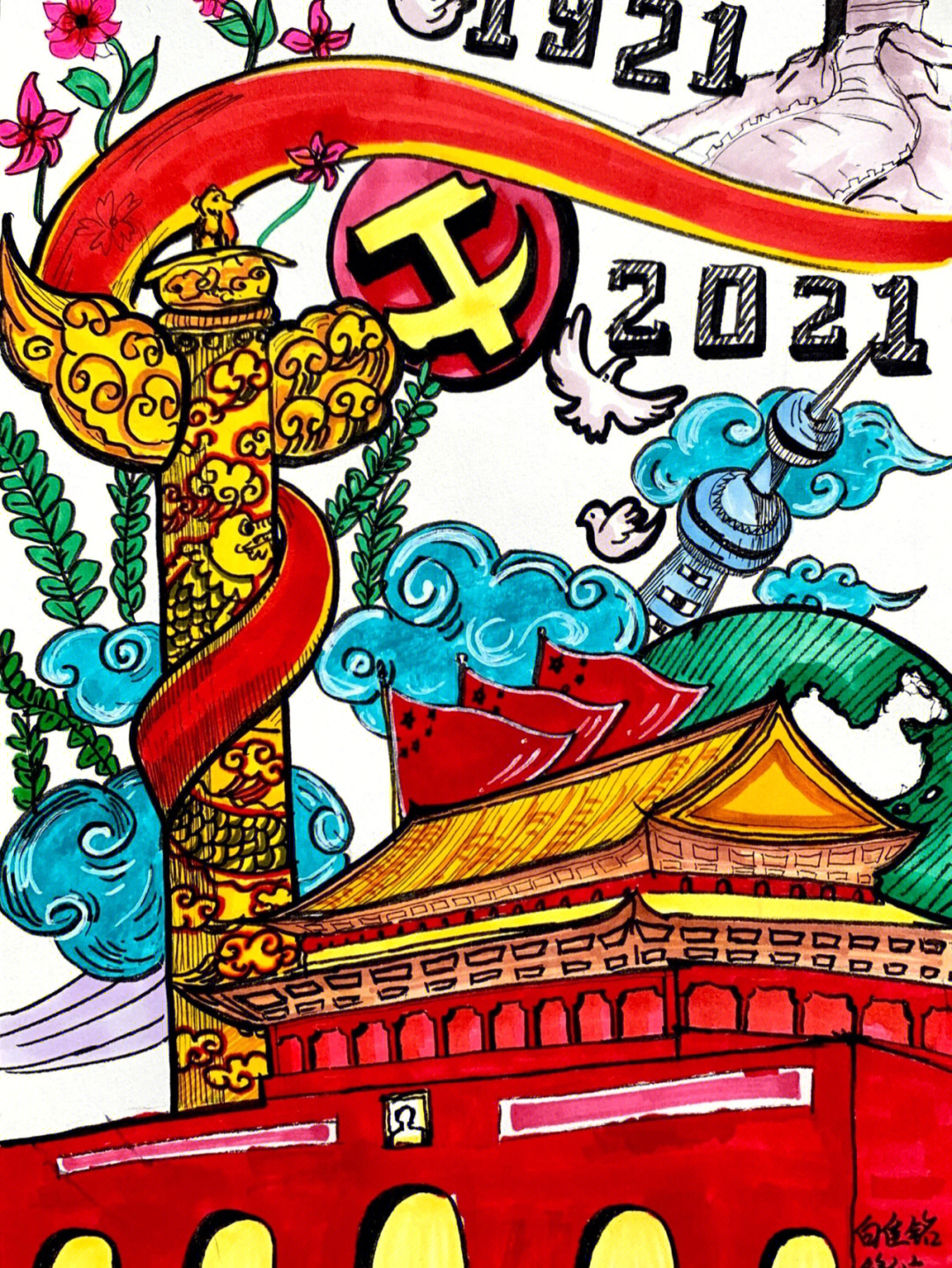 今年是建国72周年建党100周年!祝祖国繁荣昌盛#国庆节创意画