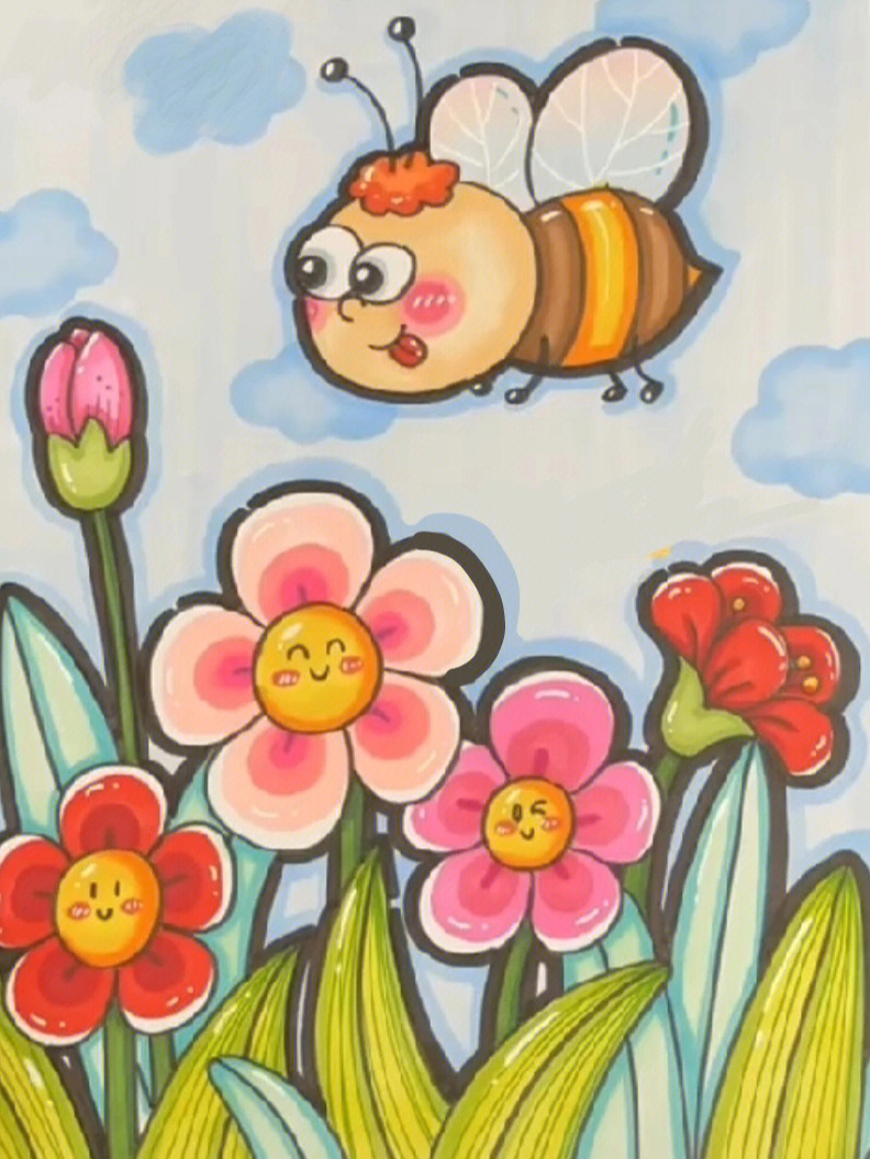 儿童画蜜蜂采花的画图片