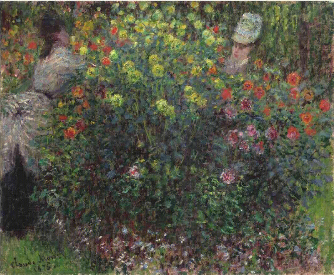 油画莫奈花丛中的女人