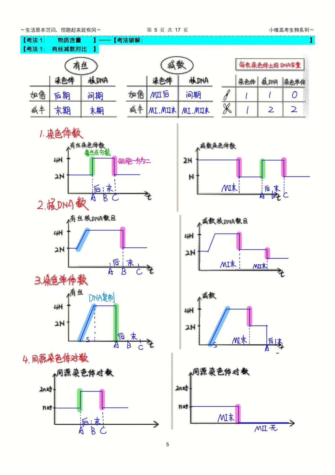 图1有丝分裂和减数分裂的物质含量变化对比图2染色体组数和同源染色体