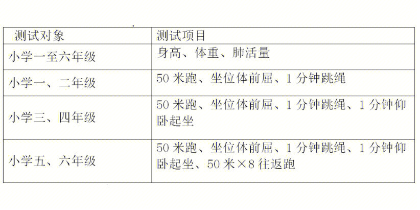 天津小学体质测试标准