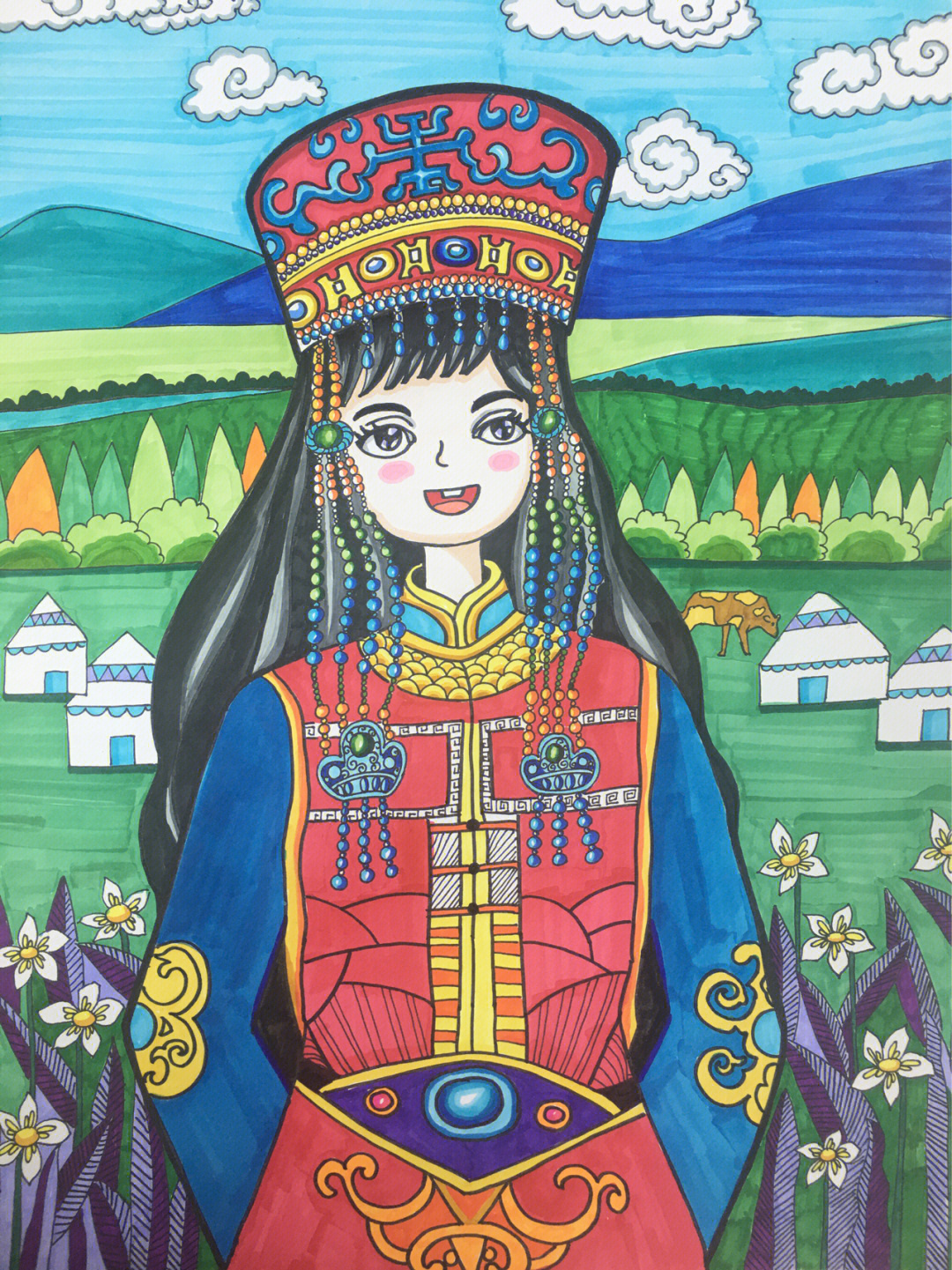 蒙古族服装儿童画图片