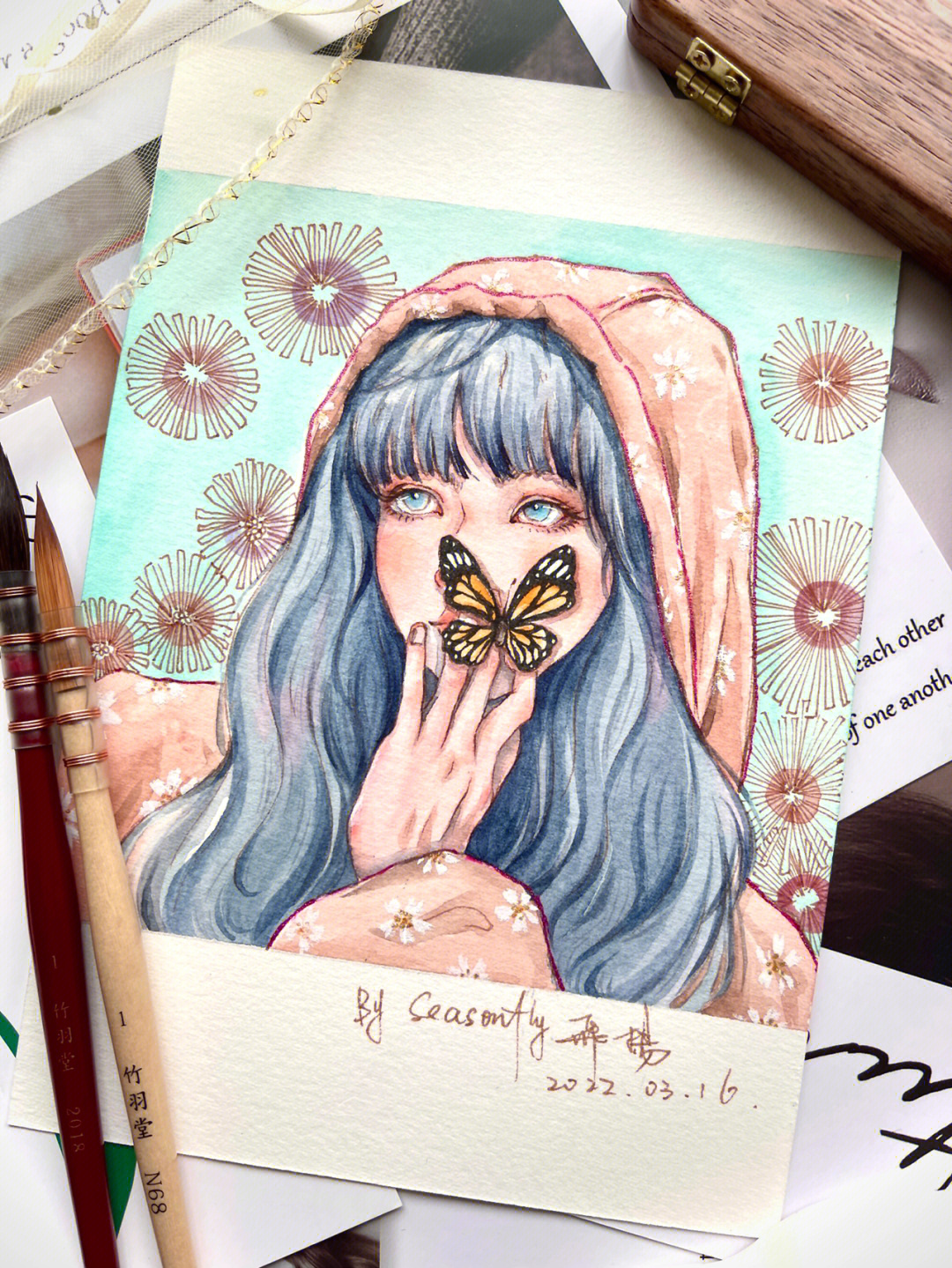 尝试改变蝴蝶少女钢笔淡彩原创插画