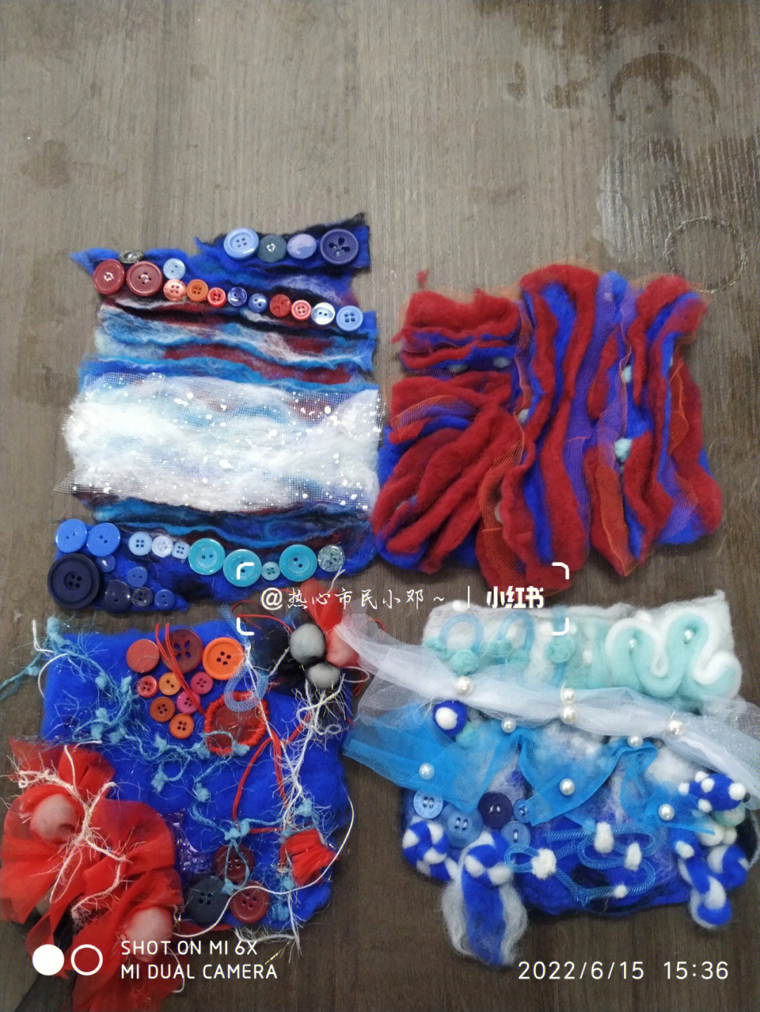 面料再造课作业,关于海洋的一个小系列材料:湿毡羊毛,肥皂,扣子,纱布