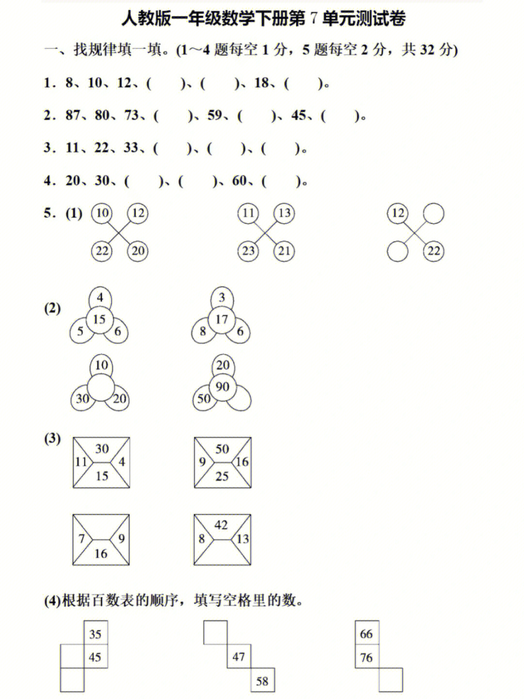 一年级数学下册人教版第七单元真题92卷