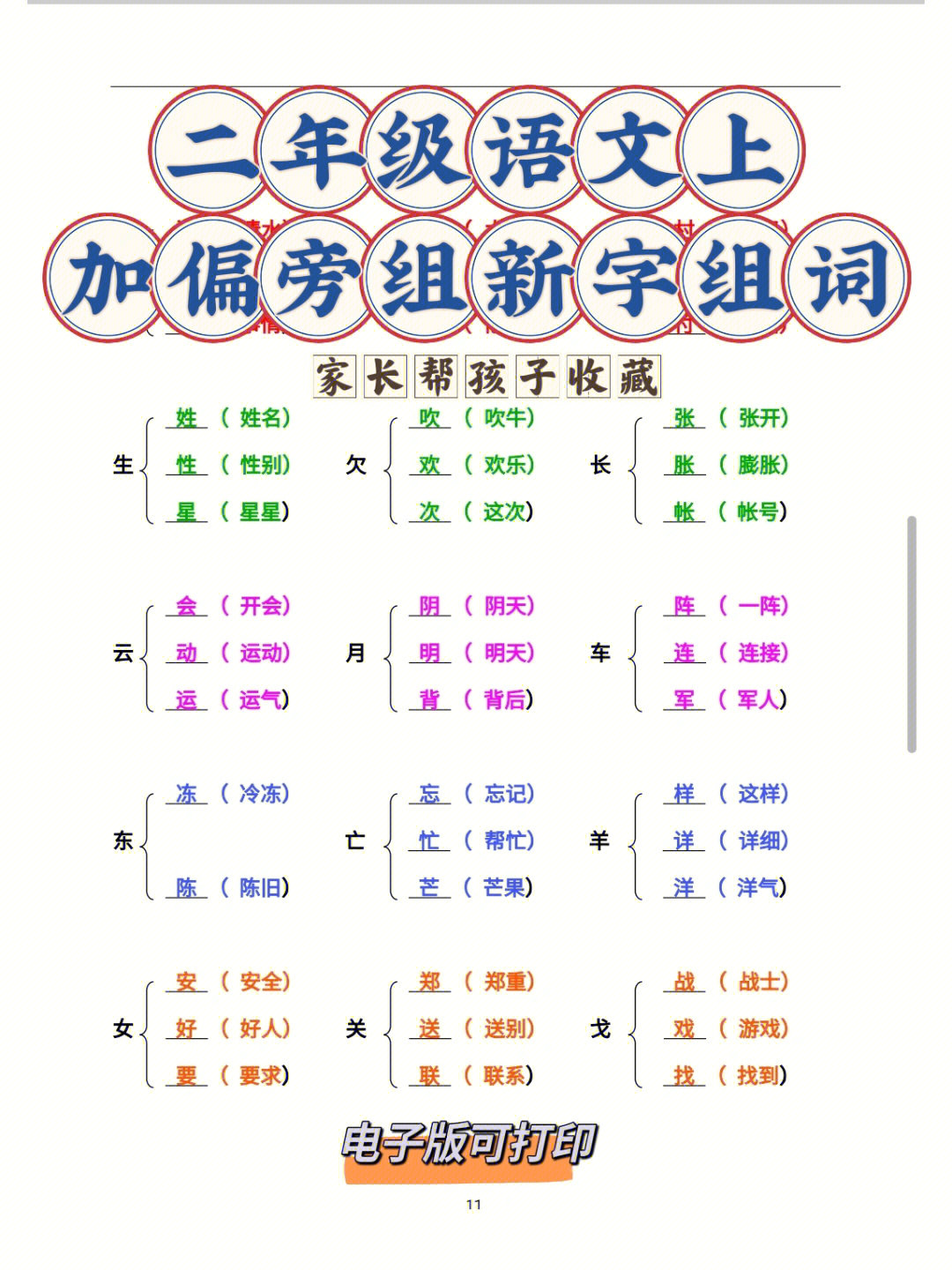 二年级语文上加偏旁组新字组词专项训练