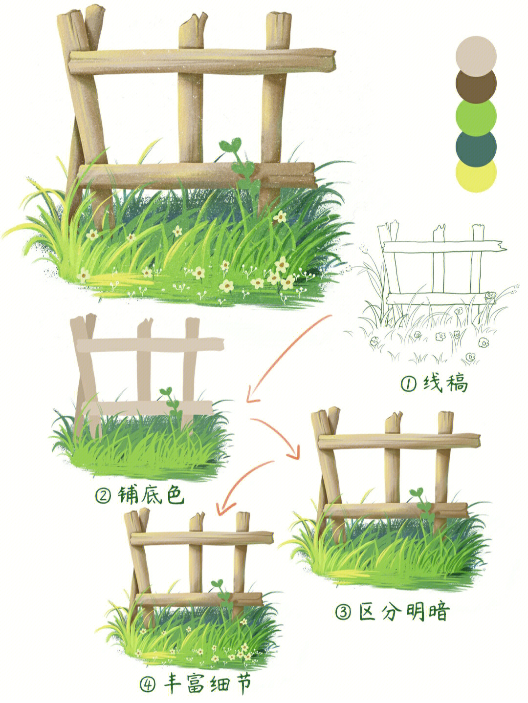 简单易上手的绘画教程草地上的栅栏